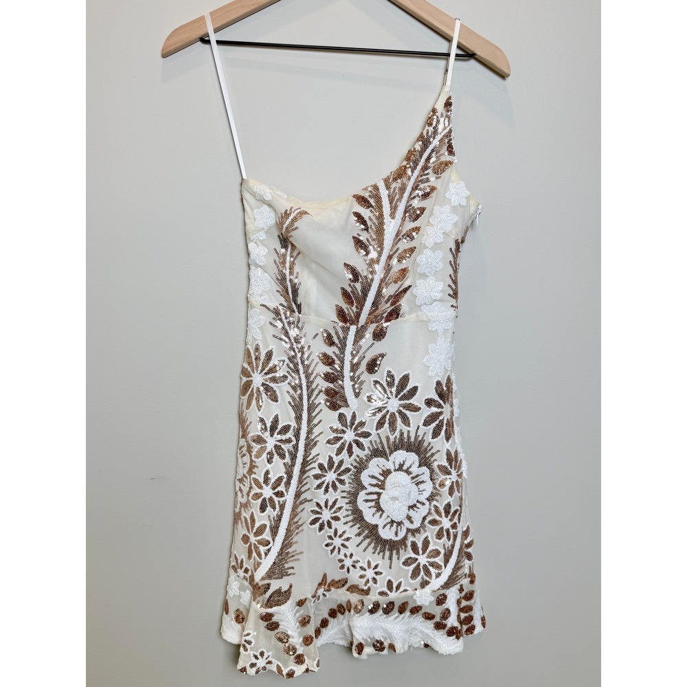 Angel Biba Rose Gold White Sequin Floral One Shoulder Mini Dress M Sparkle Party